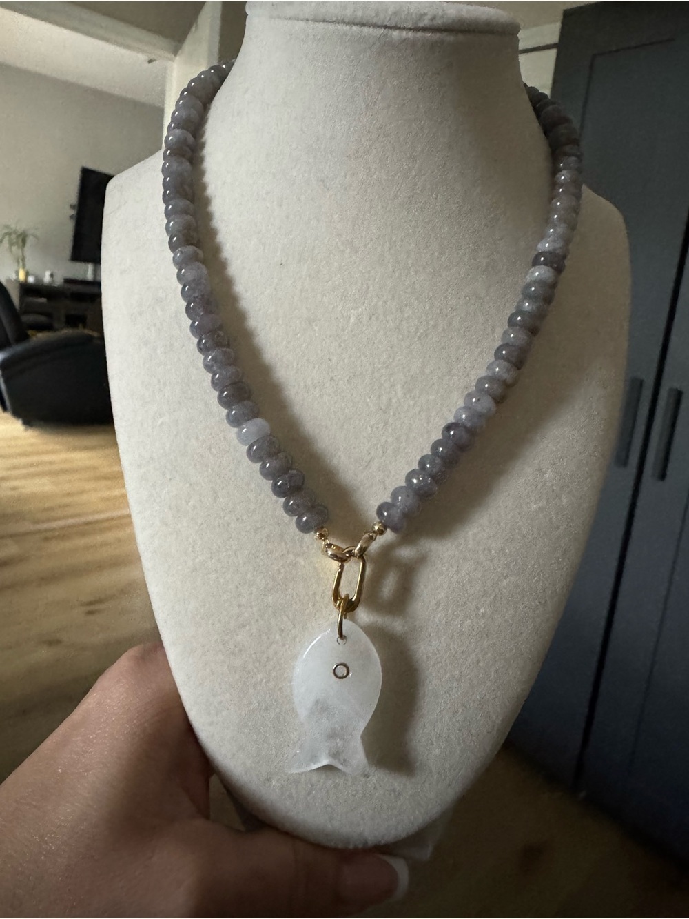 Gray Beaded Necklace with White Fish Pendant - Unbranded